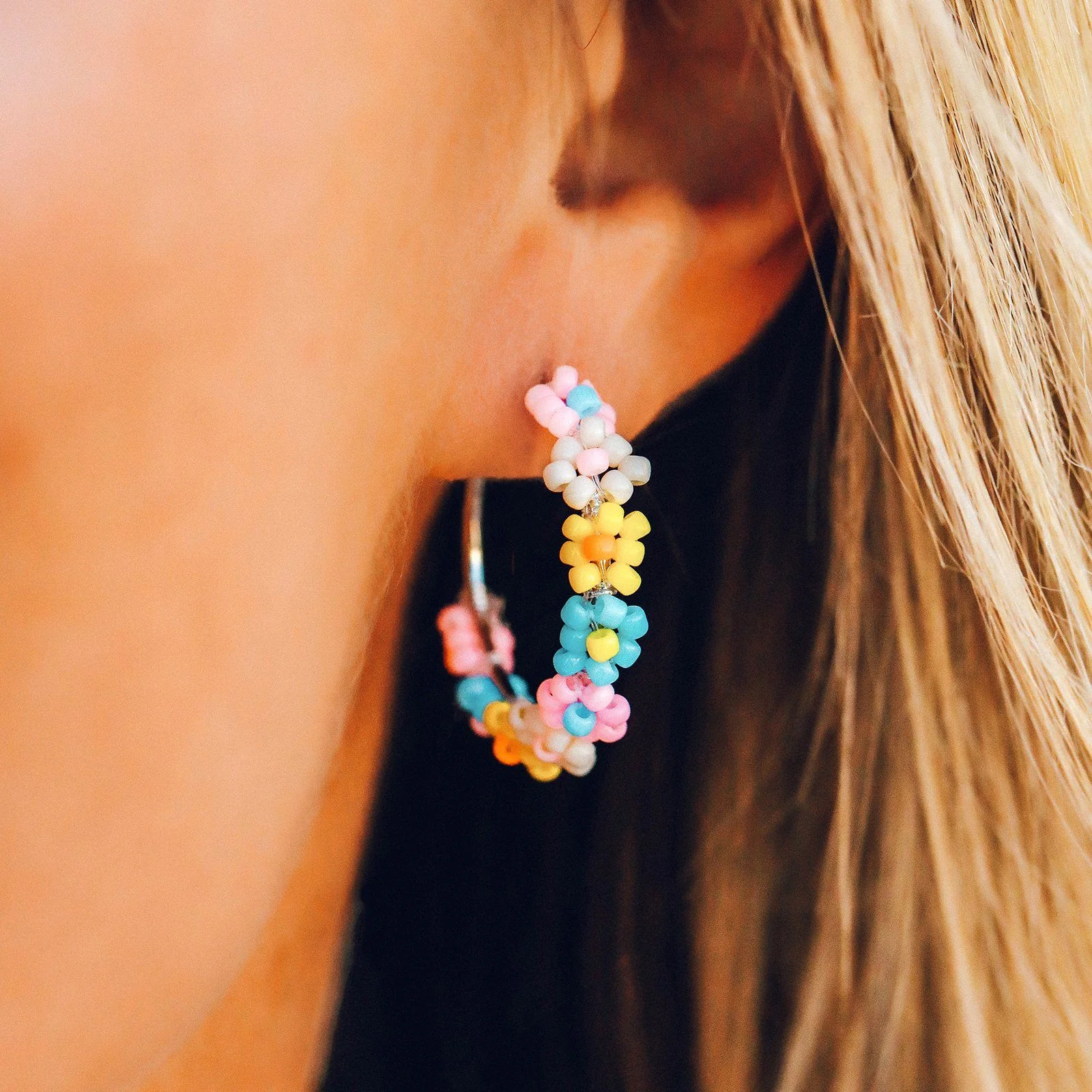 Beaded Flower Hoop Earrings - Image 3
