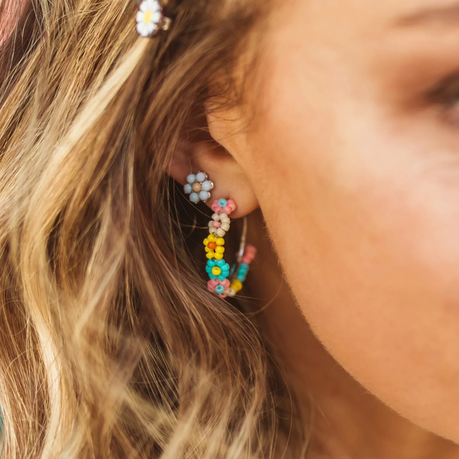 Beaded Flower Hoop Earrings - Image 5