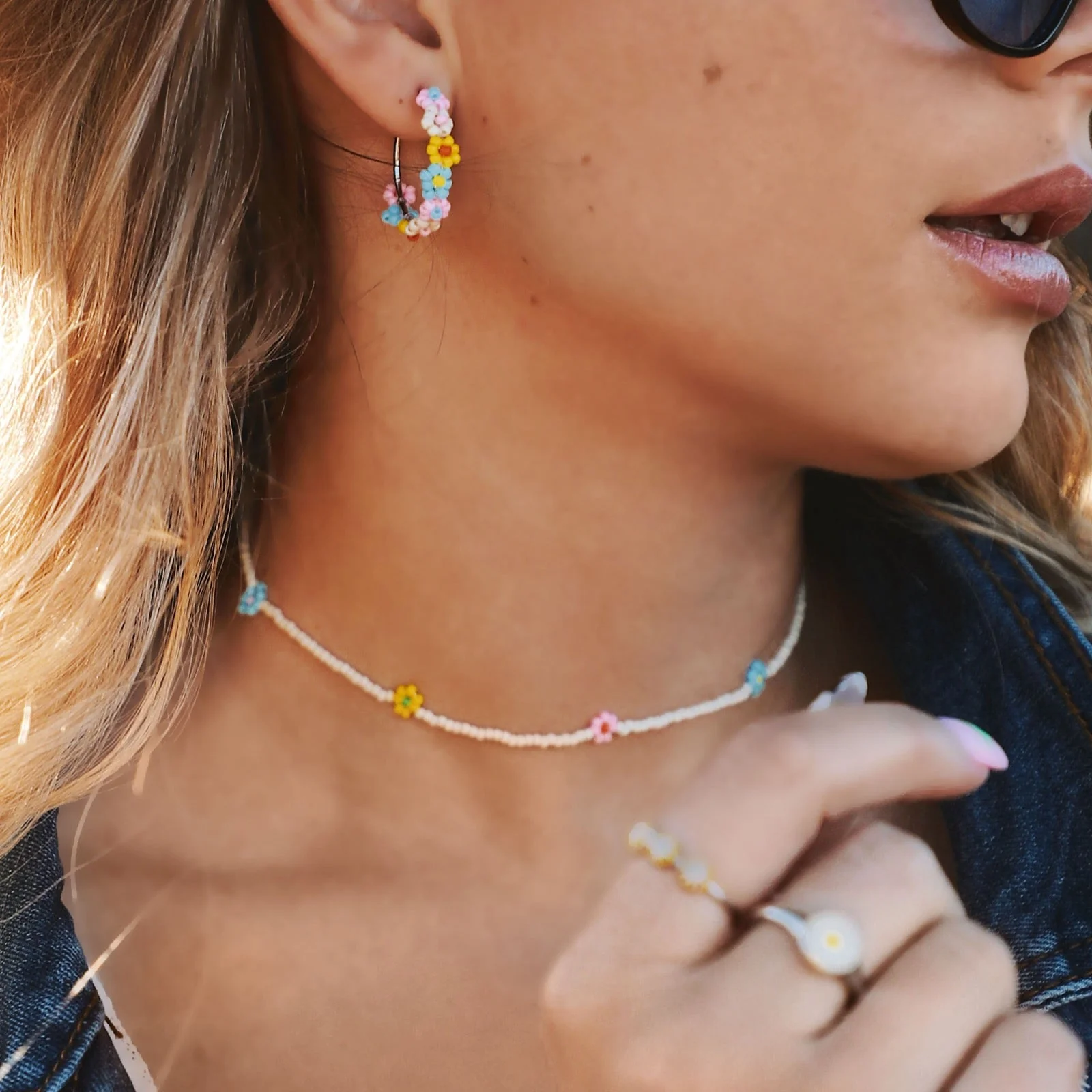 Beaded Flower Hoop Earrings - Image 6